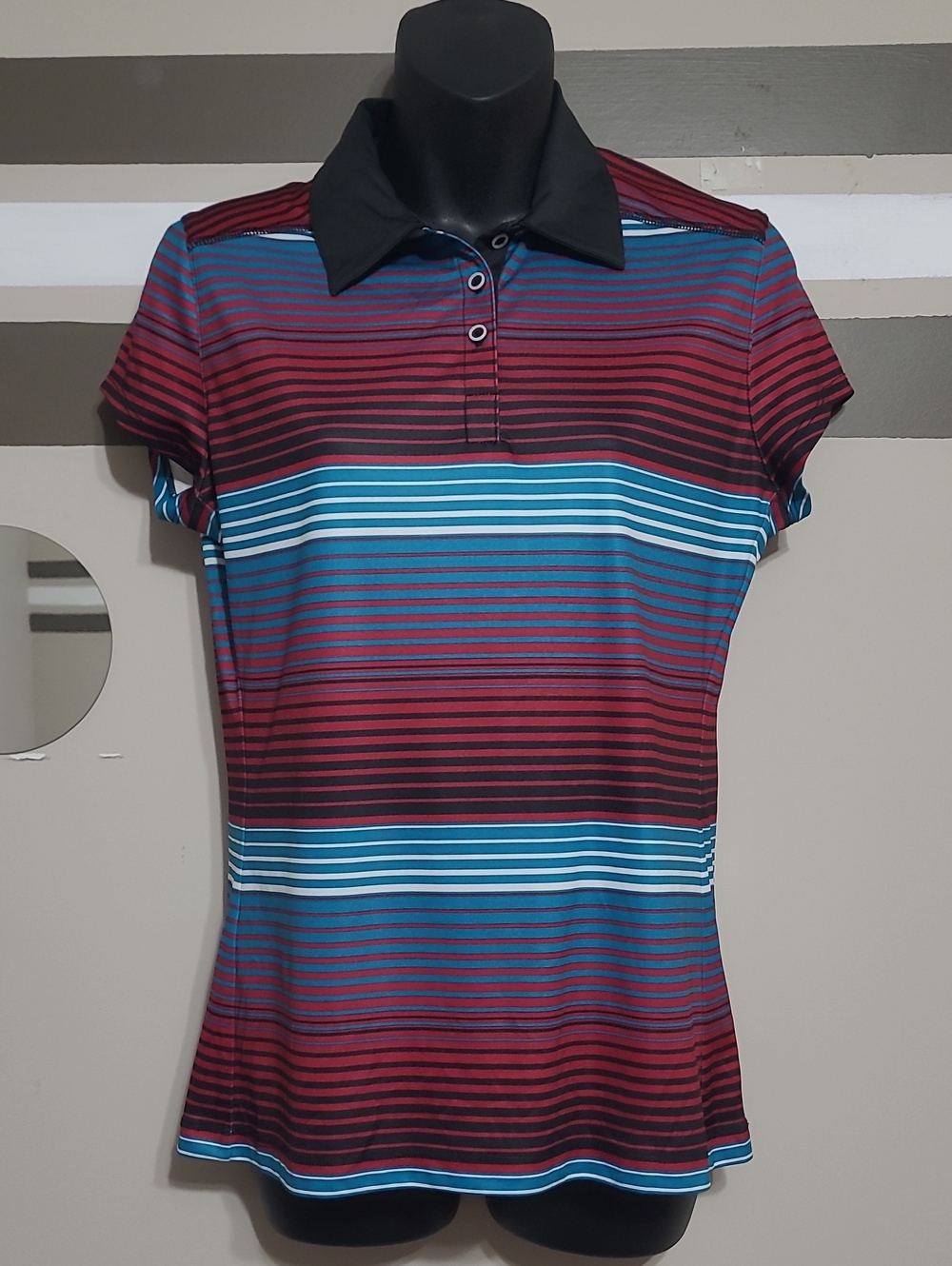 PGA Tour Burgundy/Black/Blue Striped Short-Sleeve Golf Polo Shirt Sz Med